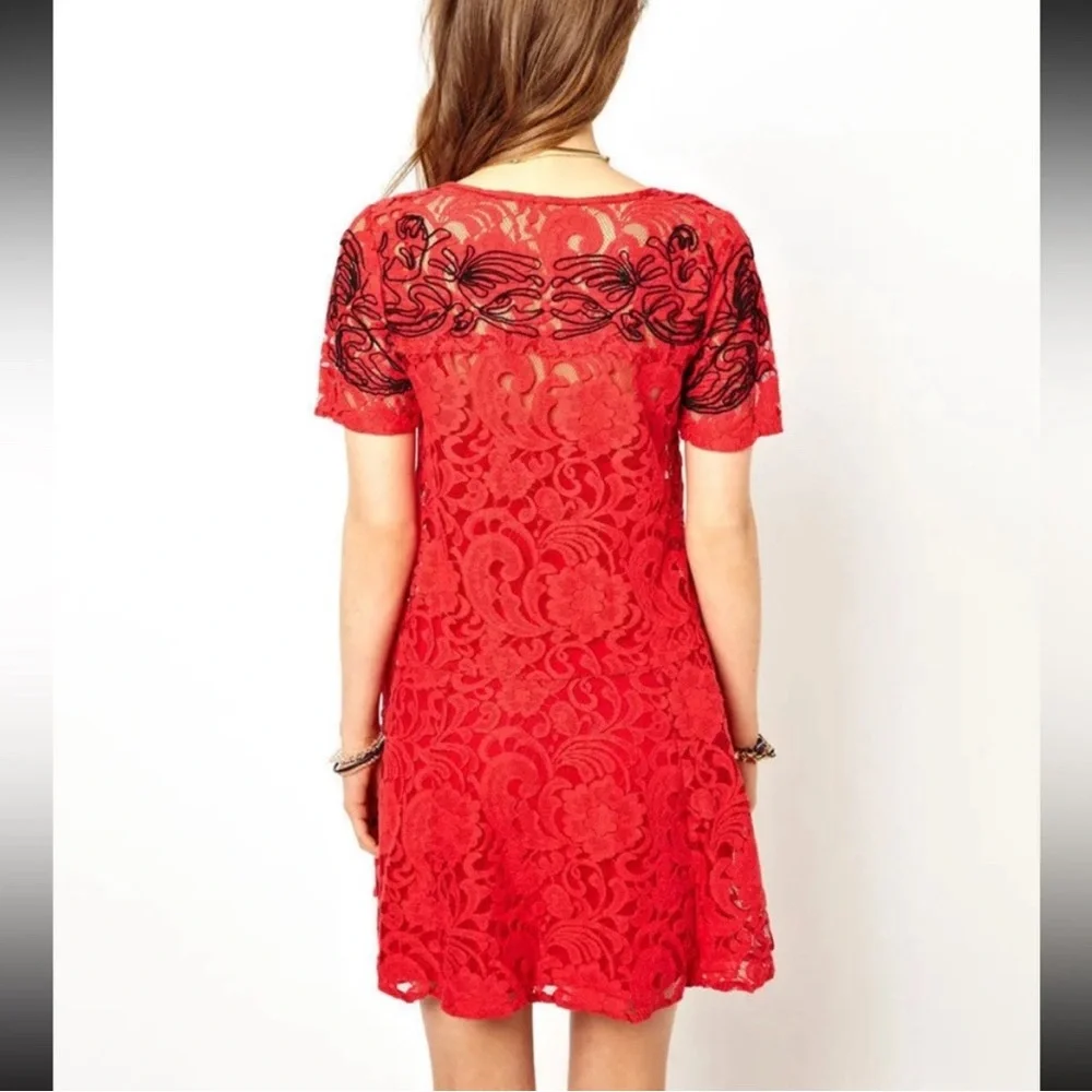 Free People‎ Lace Dreamer Dress Red black Embroidered Boho short sleeve